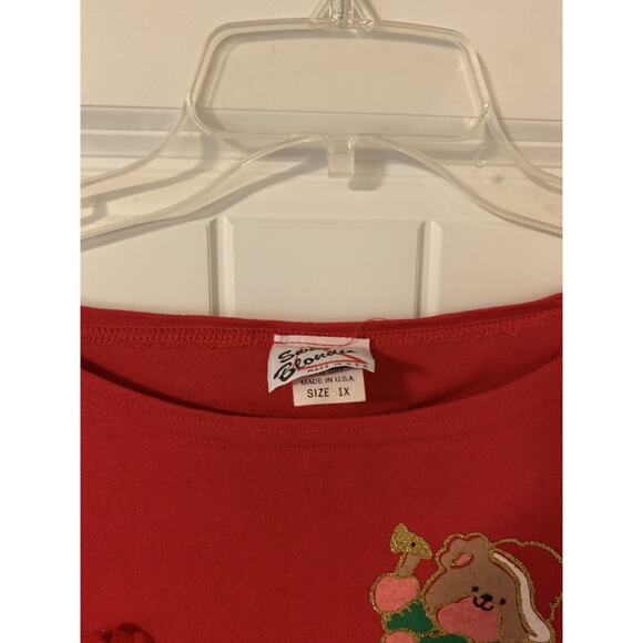 Sweet Blondie red christmas themed blouse shirt kitty bear made in US VTG 1X - Picture 6 of 7